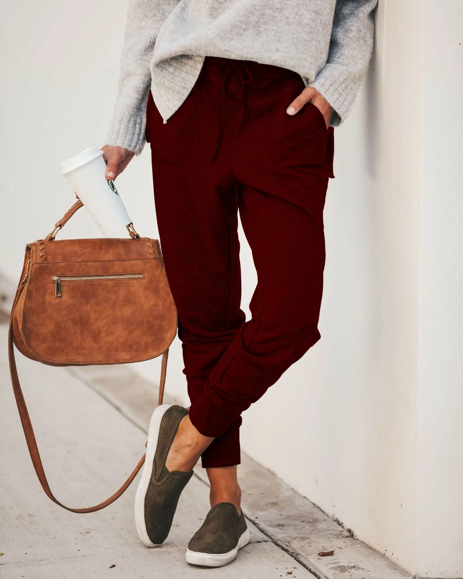 Popular Women Elastic Lace Casual Pants Loose Pocket Slim Fit Long Pants