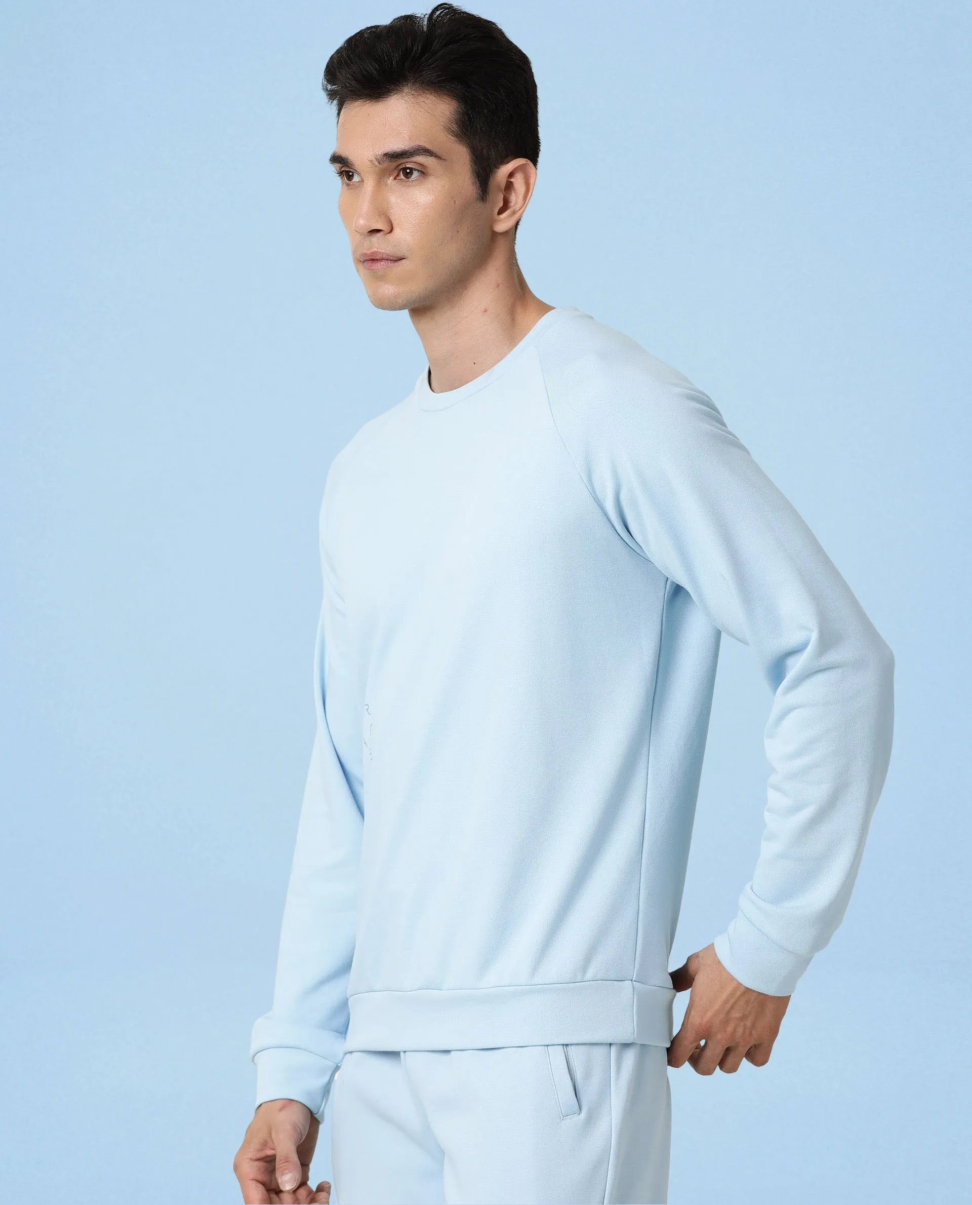 Rare Rabbit Articale Men's Arum Clear Blue Cotton Fabric Full Sleeves Solid Sweatshirt