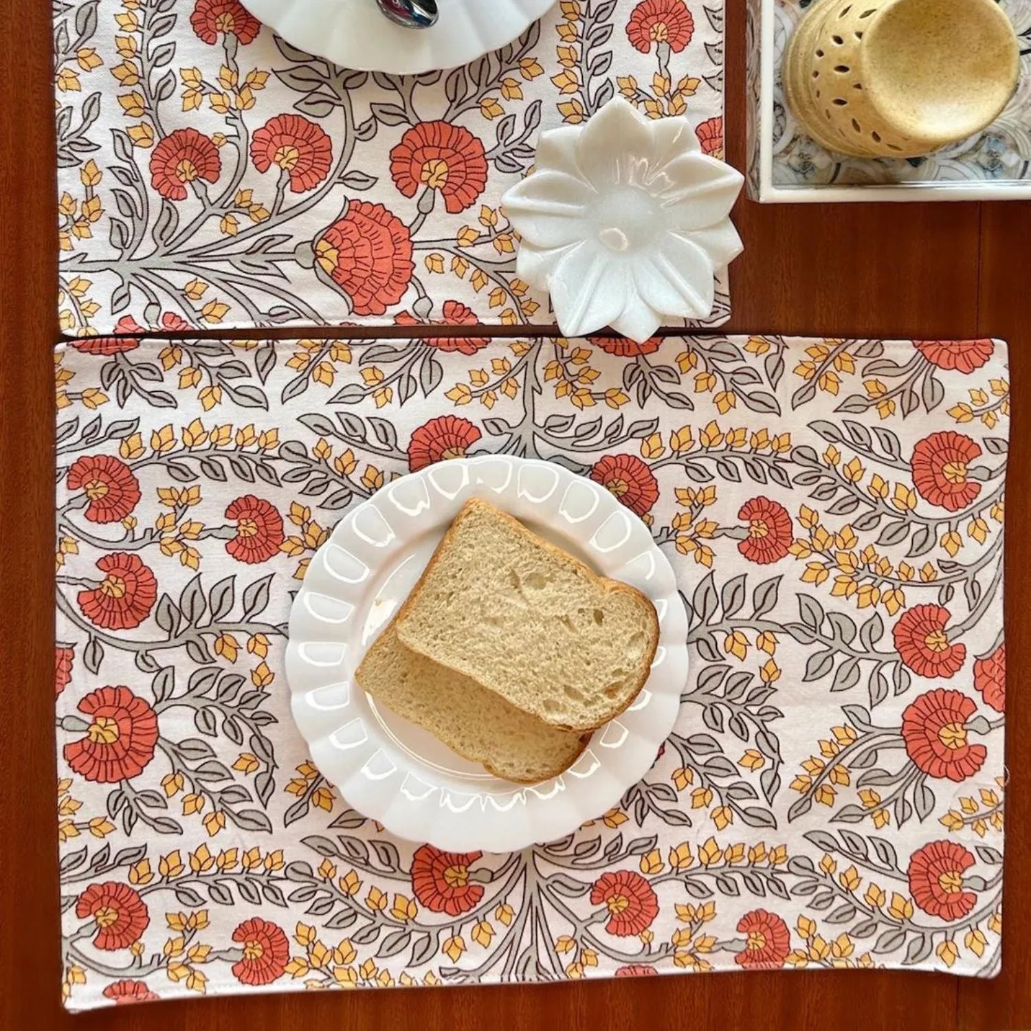 Refreshing Floral Printed Table Placemats | Rust Orange  | 12x18 Inches