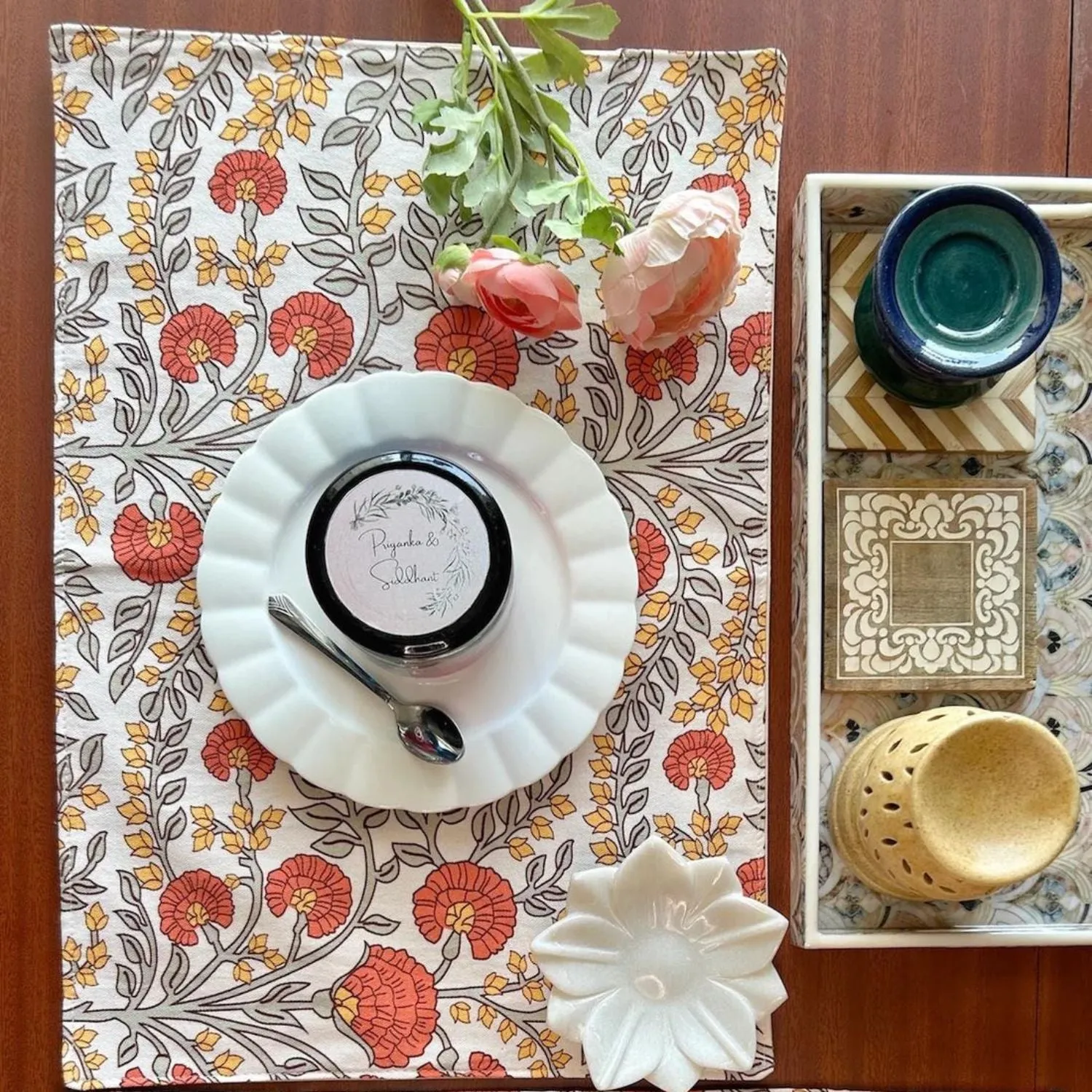 Refreshing Floral Printed Table Placemats | Rust Orange  | 12x18 Inches
