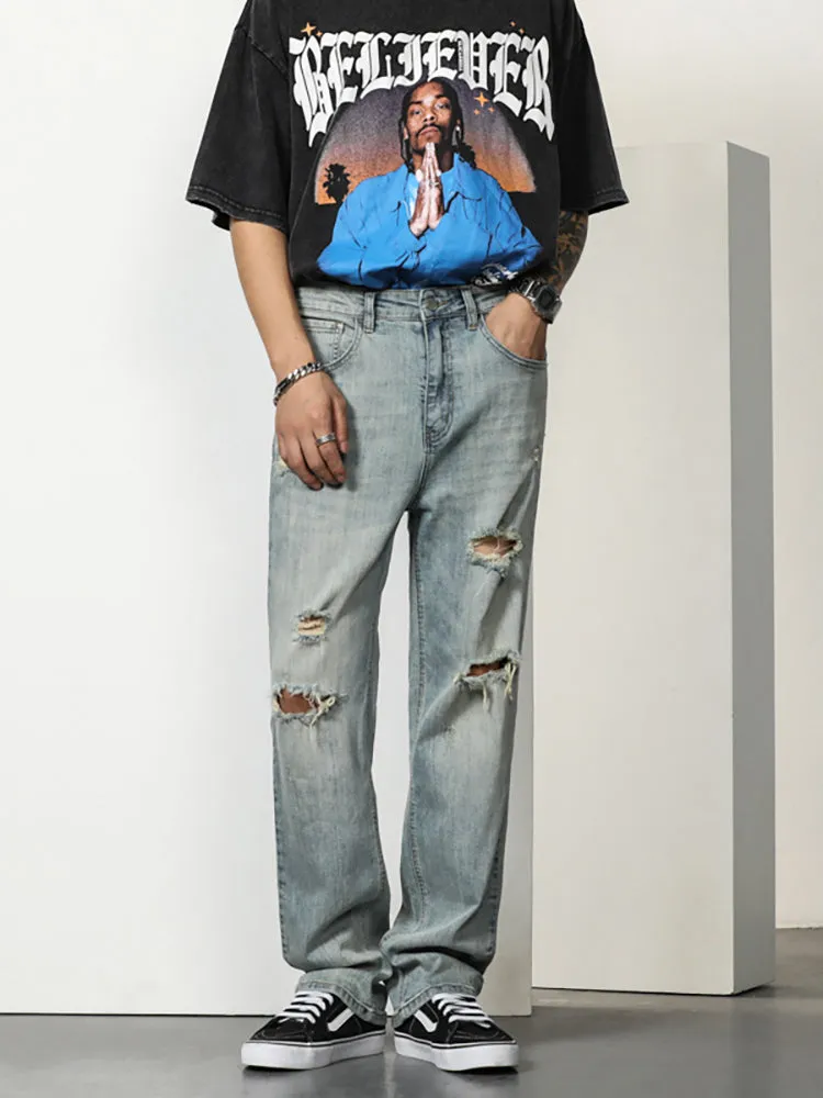 Retro Ripped Patched Washed Jeans