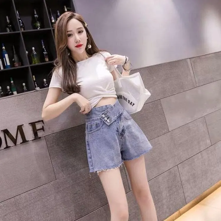Ripped Shorts With Unique Button Closure