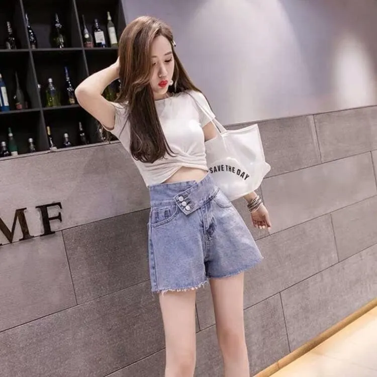 Ripped Shorts With Unique Button Closure