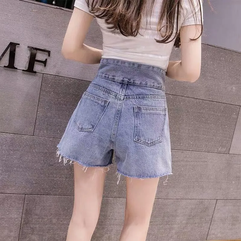 Ripped Shorts With Unique Button Closure