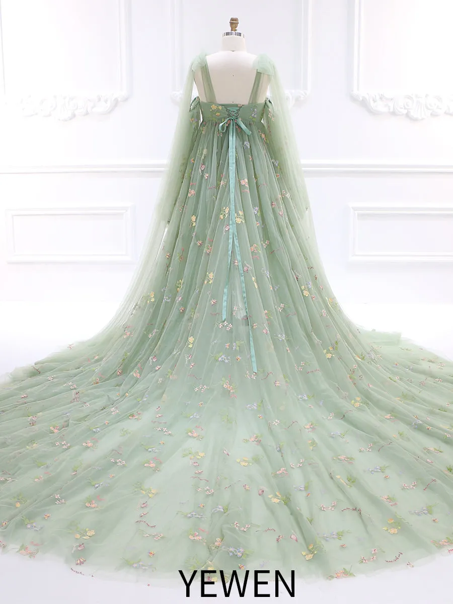 Sage Green Elegant Embroidered Lace Maternity Dress for Photo Shoot Detachable Long Sleeves YW230315