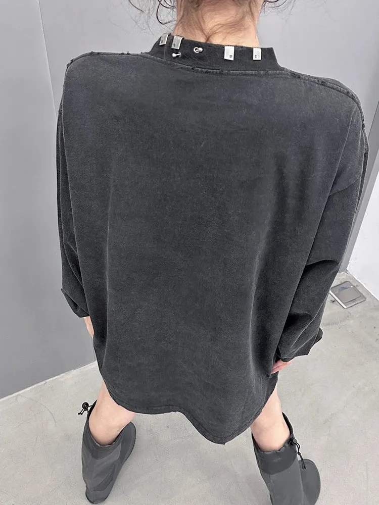 Solid Patchwork Metal Ring Loose Pullover Sweatshirts For Women Round Neck Long Sleeve Casual Sweatshirt Female New