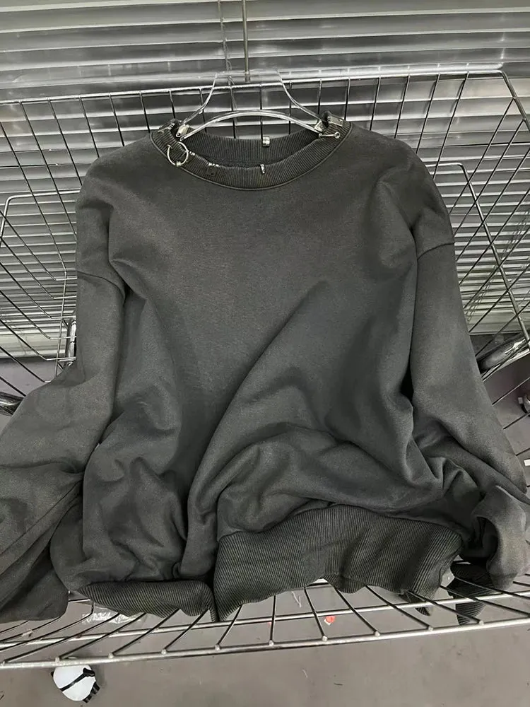 Solid Patchwork Metal Ring Loose Pullover Sweatshirts For Women Round Neck Long Sleeve Casual Sweatshirt Female New