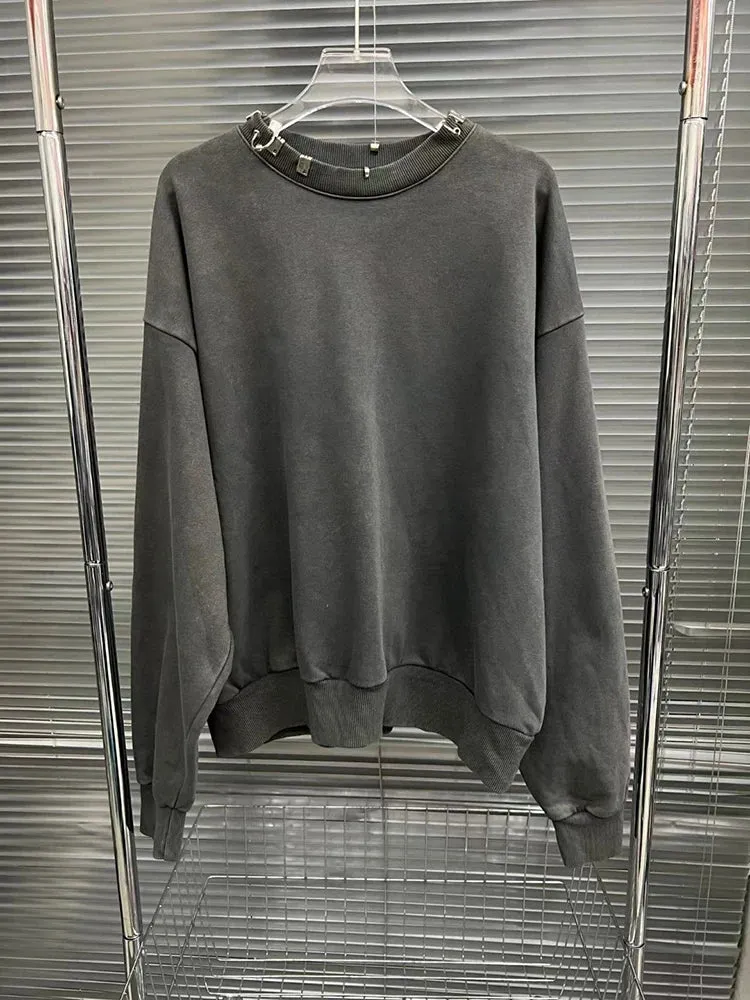 Solid Patchwork Metal Ring Loose Pullover Sweatshirts For Women Round Neck Long Sleeve Casual Sweatshirt Female New
