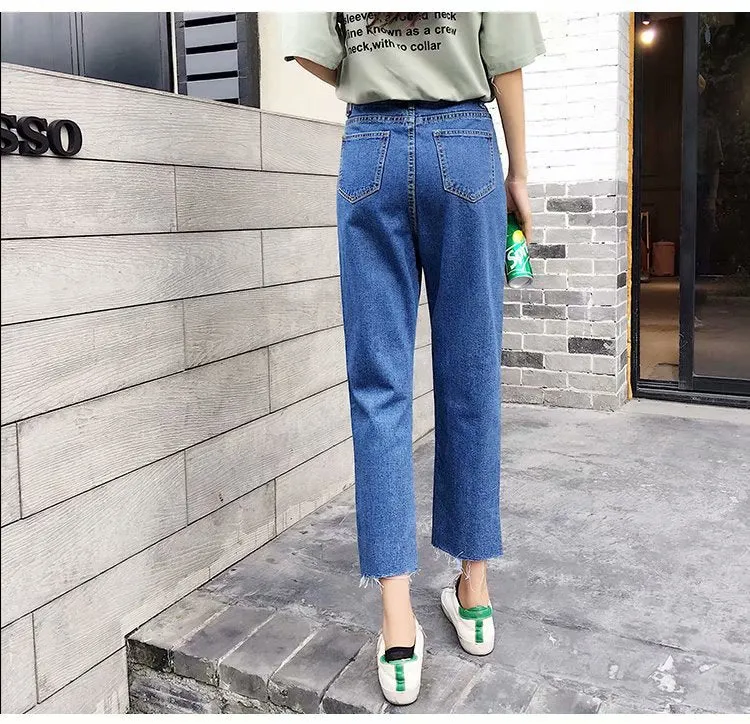 Straight Denim Pants Women Korean Slim Look High Waist CHIC Pants Student Ankle-Length Pants