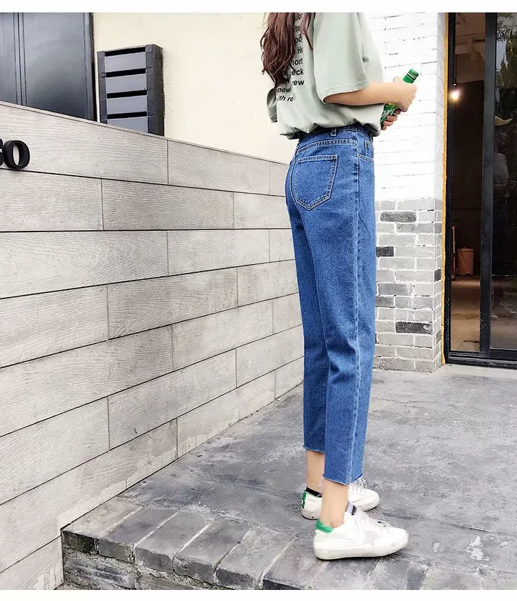Straight Denim Pants Women Korean Slim Look High Waist CHIC Pants Student Ankle-Length Pants
