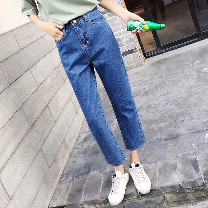 Straight Denim Pants Women Korean Slim Look High Waist CHIC Pants Student Ankle-Length Pants