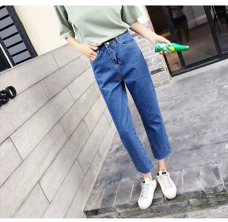 Straight Denim Pants Women Korean Slim Look High Waist CHIC Pants Student Ankle-Length Pants
