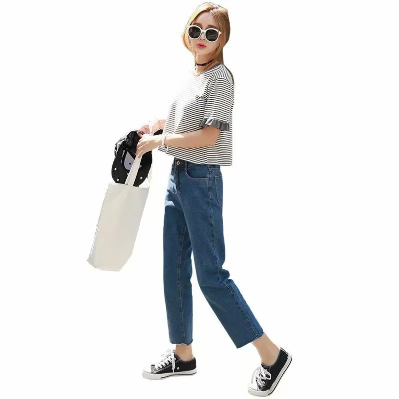 Straight Denim Pants Women Korean Slim Look High Waist CHIC Pants Student Ankle-Length Pants