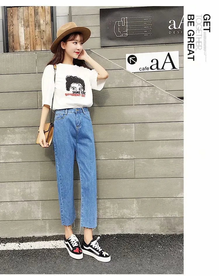 Straight Denim Pants Women Korean Slim Look High Waist CHIC Pants Student Ankle-Length Pants