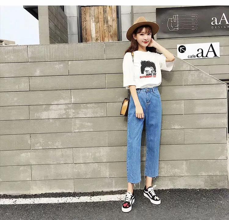 Straight Denim Pants Women Korean Slim Look High Waist CHIC Pants Student Ankle-Length Pants