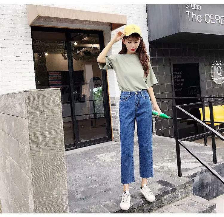 Straight Denim Pants Women Korean Slim Look High Waist CHIC Pants Student Ankle-Length Pants