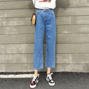 Straight Denim Pants Women Korean Slim Look High Waist CHIC Pants Student Ankle-Length Pants
