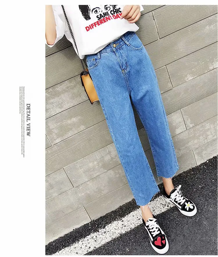 Straight Denim Pants Women Korean Slim Look High Waist CHIC Pants Student Ankle-Length Pants