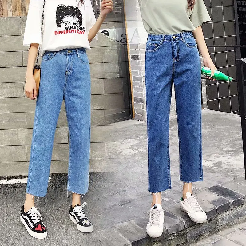 Straight Denim Pants Women Korean Slim Look High Waist CHIC Pants Student Ankle-Length Pants
