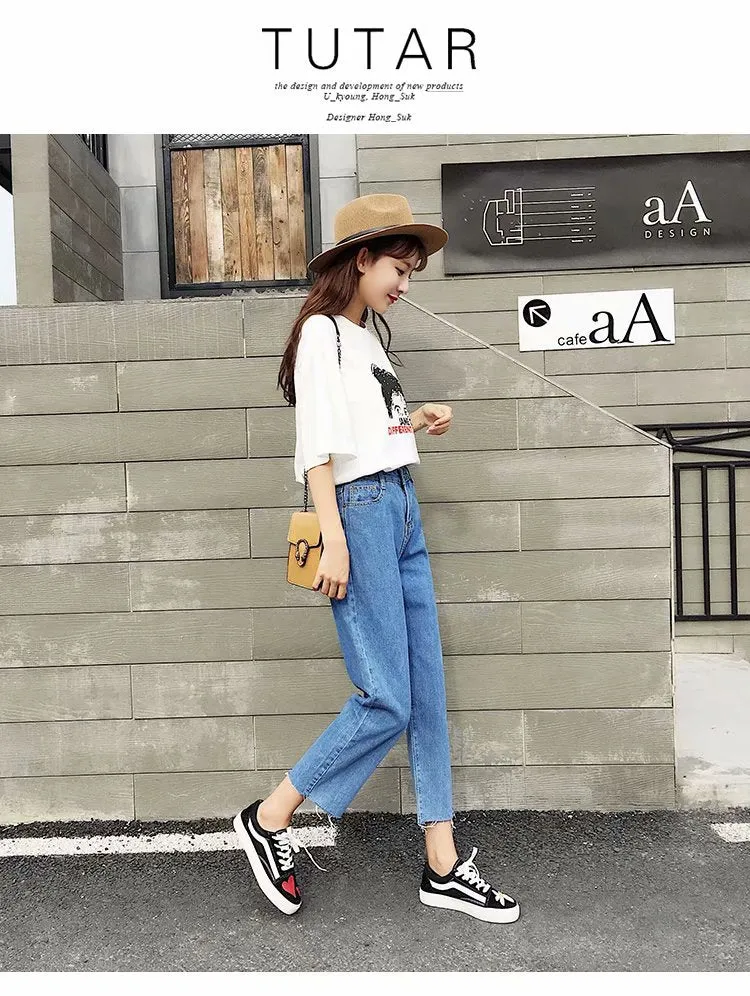Straight Denim Pants Women Korean Slim Look High Waist CHIC Pants Student Ankle-Length Pants