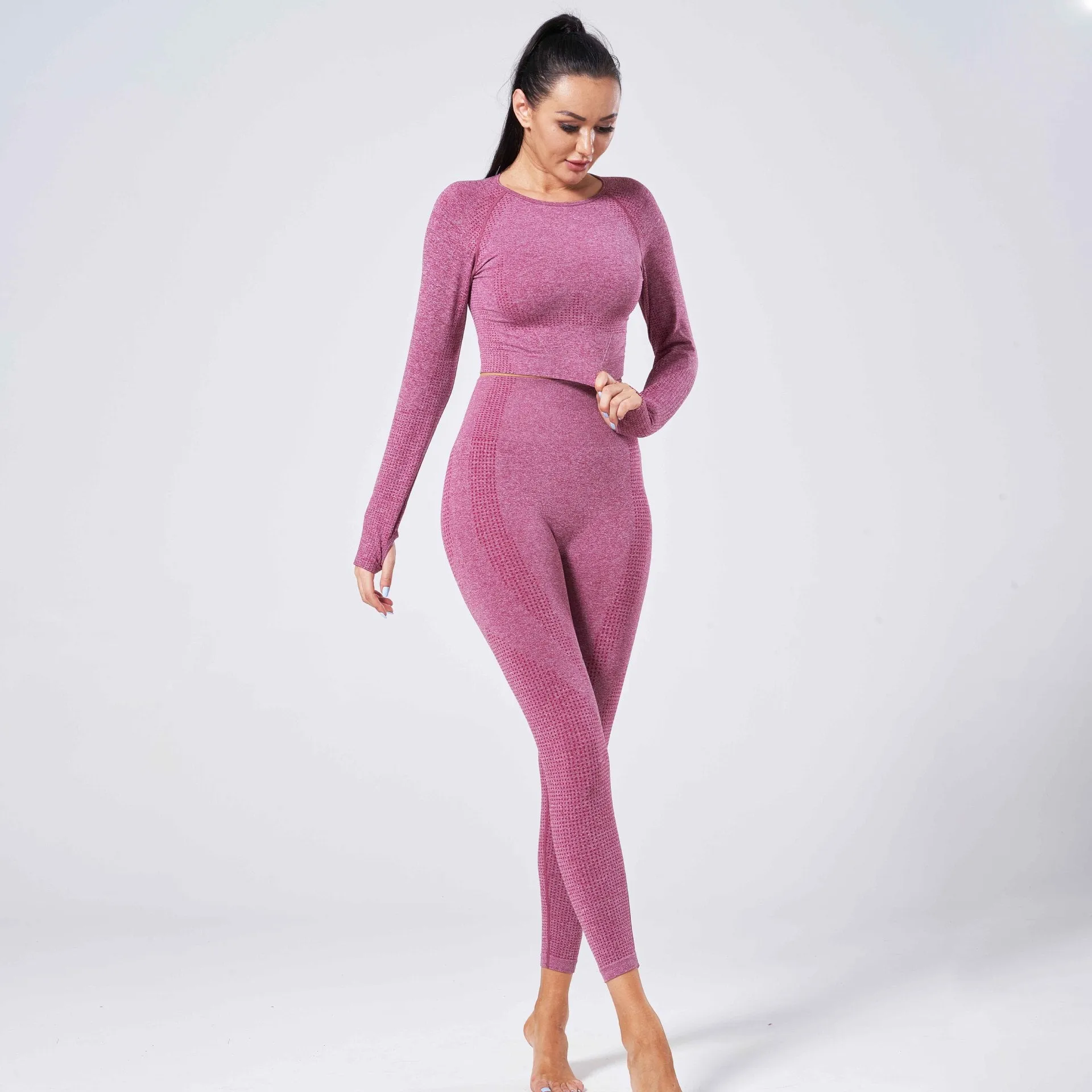 Stretchable Sporty High Waist Jogging Fitness Sets Women Seamless Knitted Yoga Activewear
