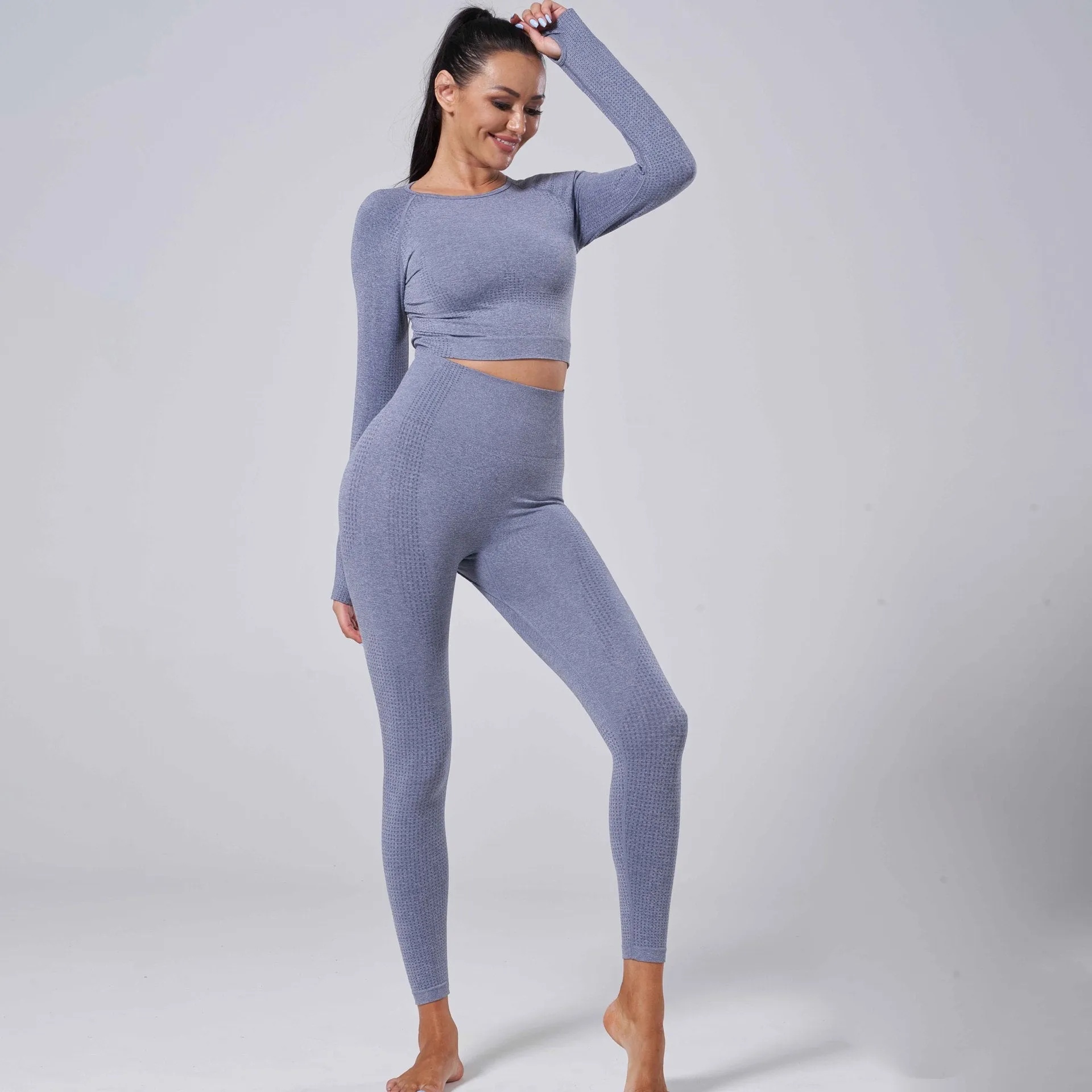 Stretchable Sporty High Waist Jogging Fitness Sets Women Seamless Knitted Yoga Activewear