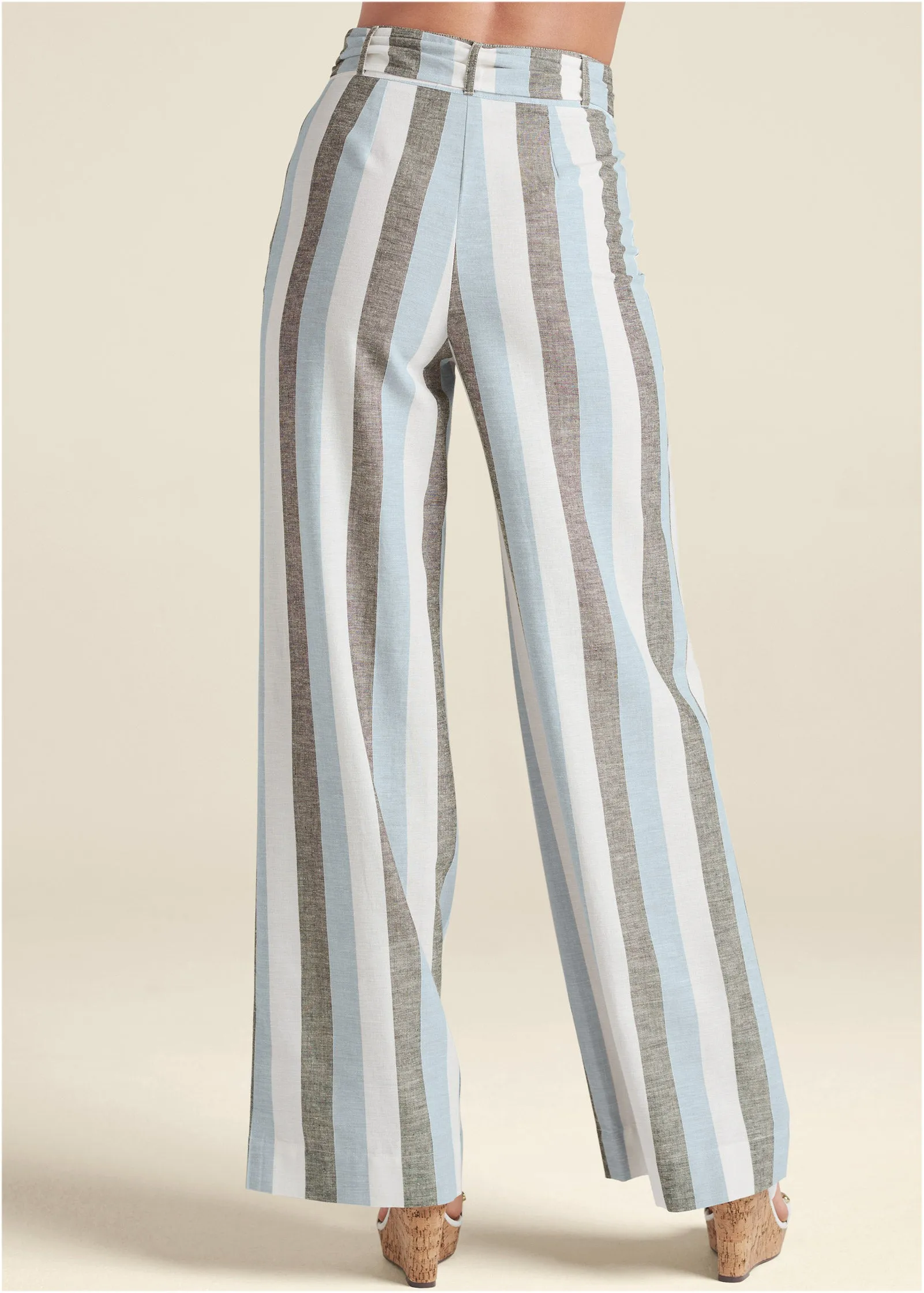 Striped Wide Leg Linen Pants With Belt With Self Belt - Light Blue Multi