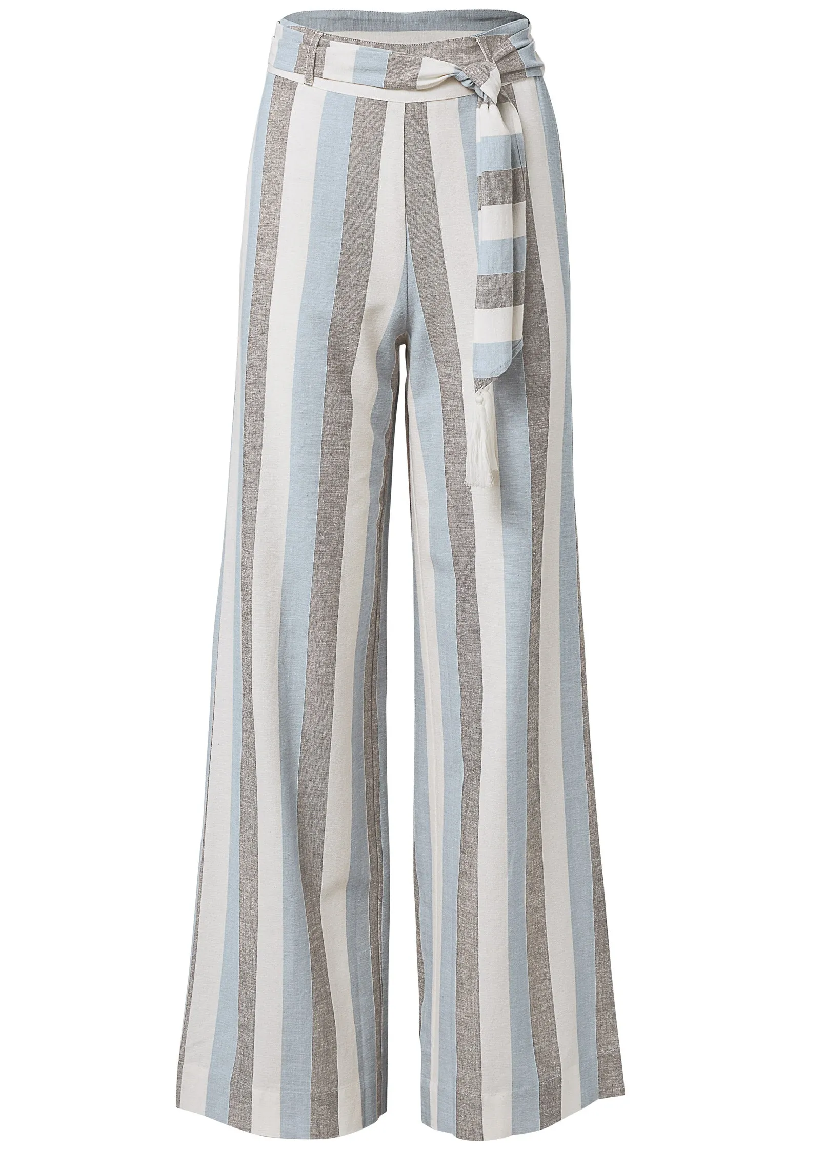 Striped Wide Leg Linen Pants With Belt With Self Belt - Light Blue Multi