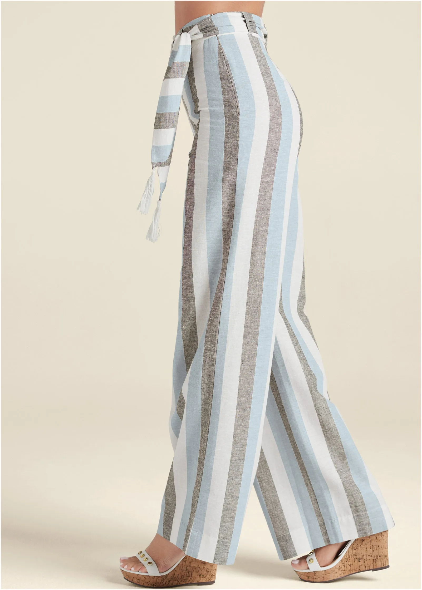 Striped Wide Leg Linen Pants With Belt With Self Belt - Light Blue Multi