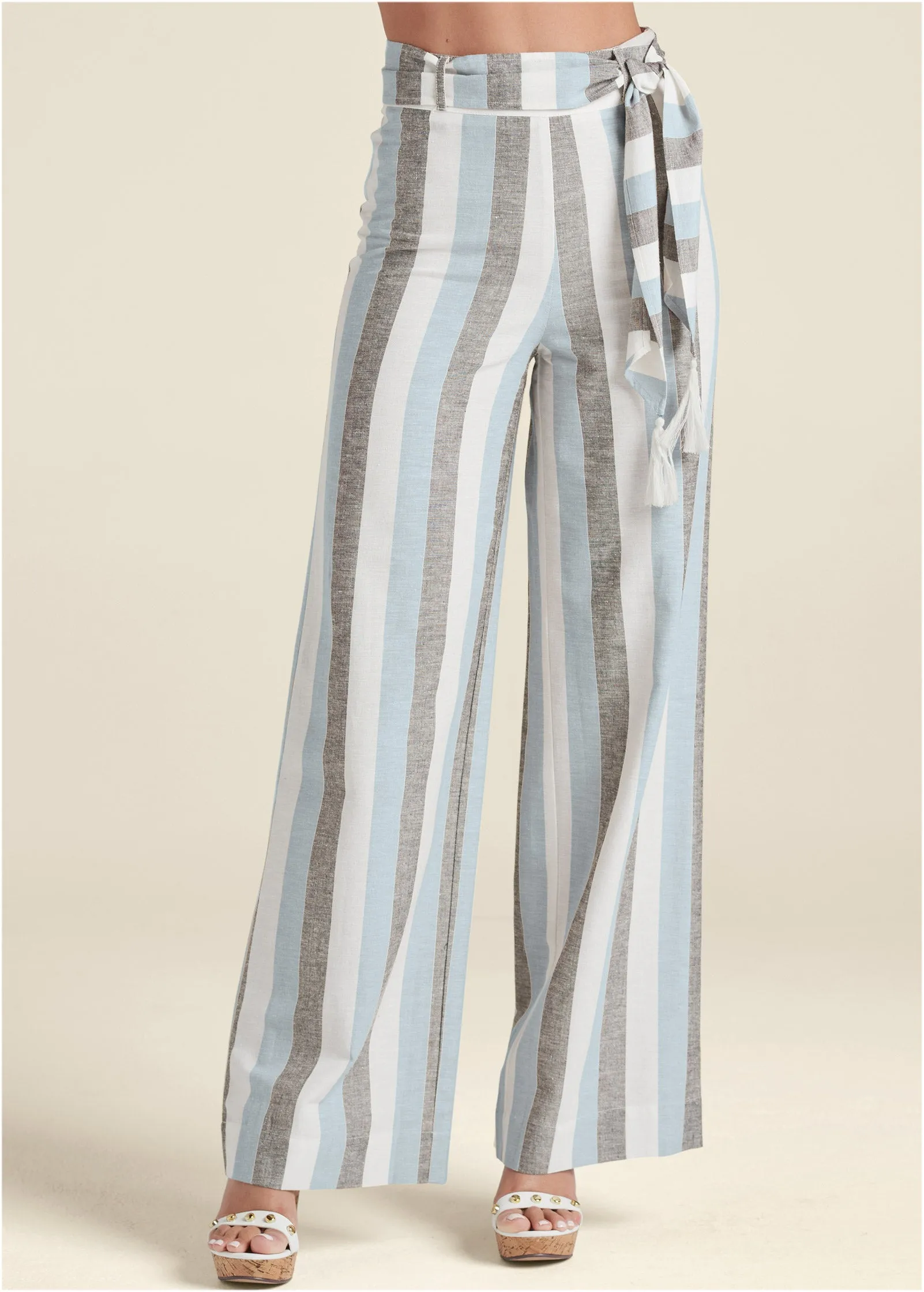Striped Wide Leg Linen Pants With Belt With Self Belt - Light Blue Multi