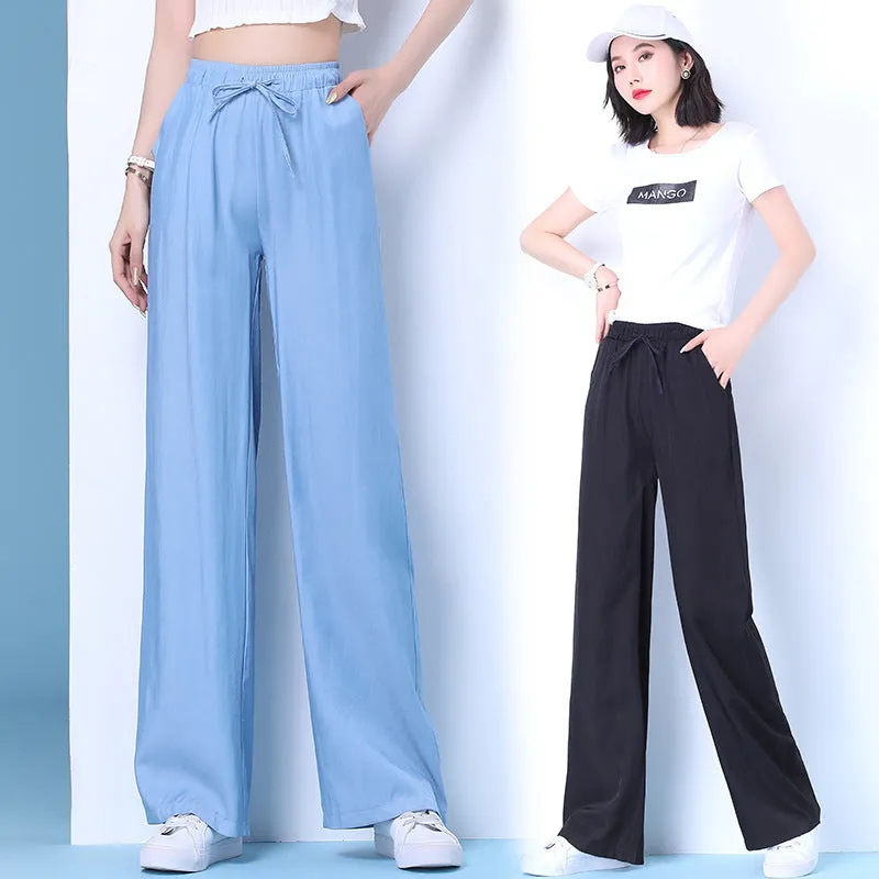 Summer Denim Wide Leg Pants Women Thin High Waist Drape Loose Slim Look Ice Silk Casual Pants