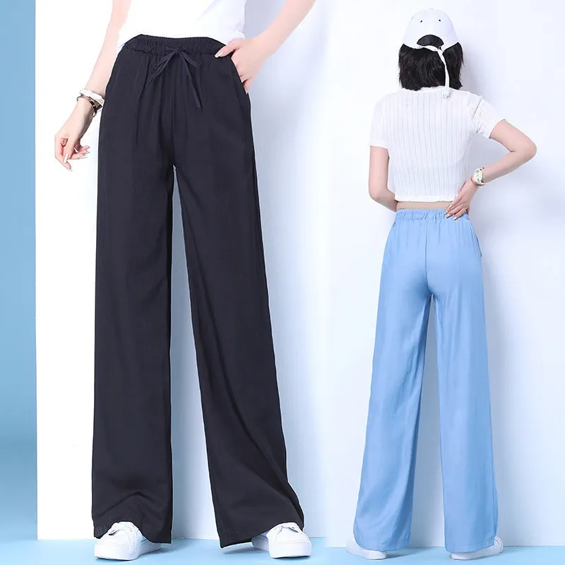 Summer Denim Wide Leg Pants Women Thin High Waist Drape Loose Slim Look Ice Silk Casual Pants