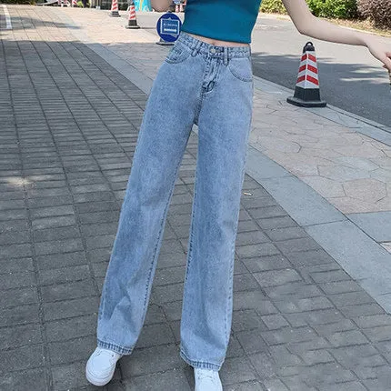 Summer Popular Inspired Slim Look High Waist Denim Pants Women Loose All-Matching Straight Leg Flattering Wide Leg Floor Length Pants