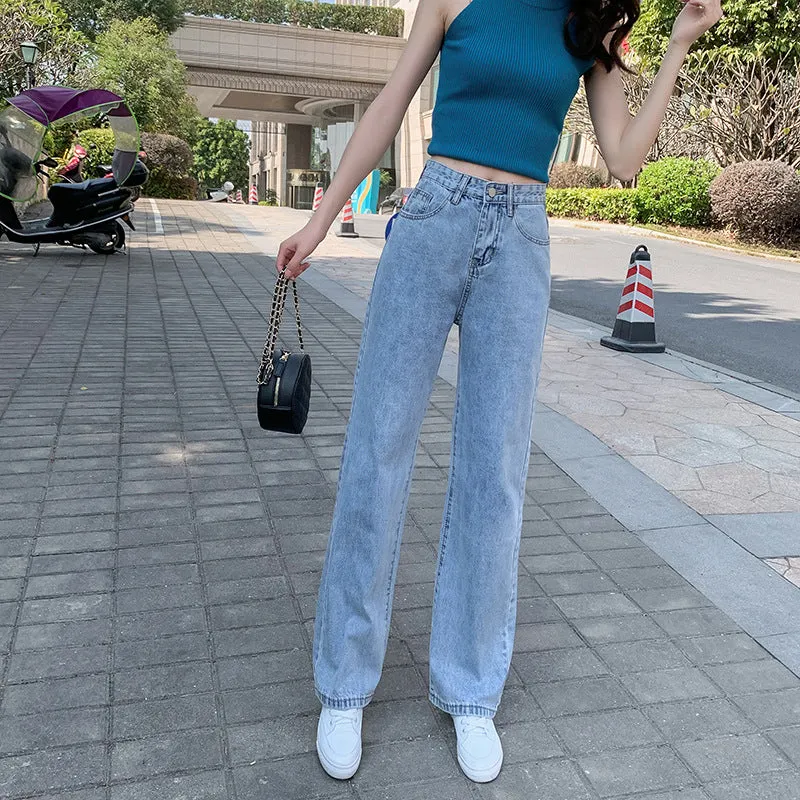 Summer Popular Inspired Slim Look High Waist Denim Pants Women Loose All-Matching Straight Leg Flattering Wide Leg Floor Length Pants