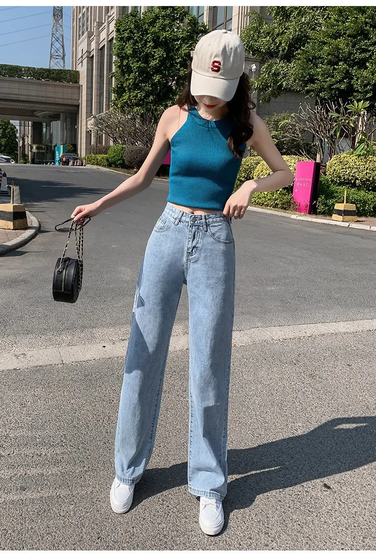 Summer Popular Inspired Slim Look High Waist Denim Pants Women Loose All-Matching Straight Leg Flattering Wide Leg Floor Length Pants