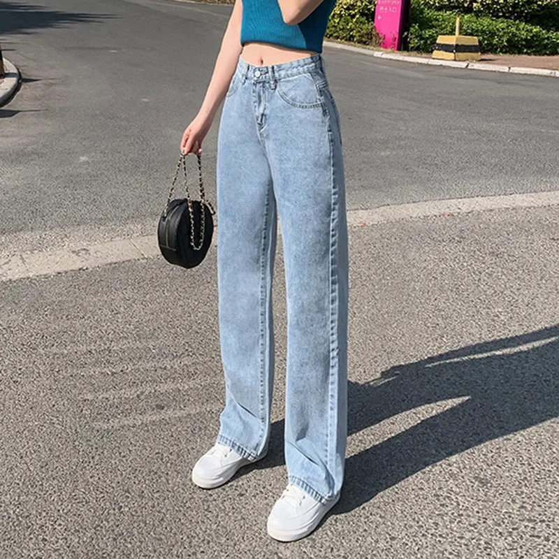 Summer Popular Inspired Slim Look High Waist Denim Pants Women Loose All-Matching Straight Leg Flattering Wide Leg Floor Length Pants