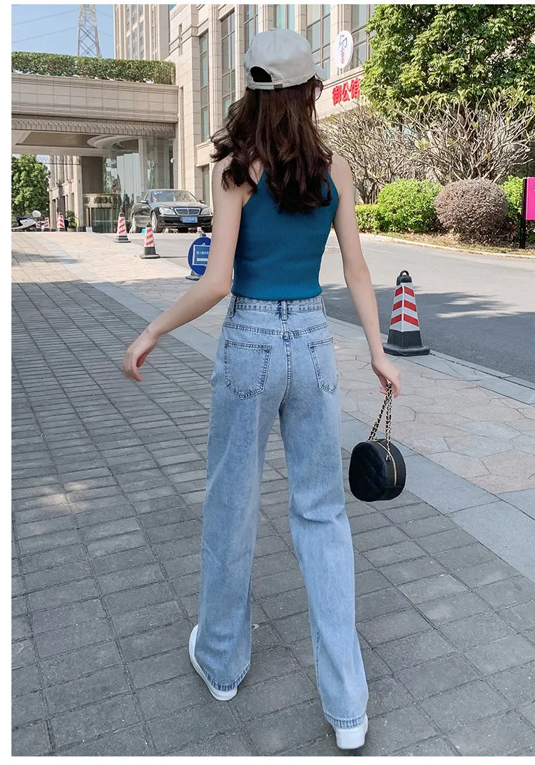 Summer Popular Inspired Slim Look High Waist Denim Pants Women Loose All-Matching Straight Leg Flattering Wide Leg Floor Length Pants