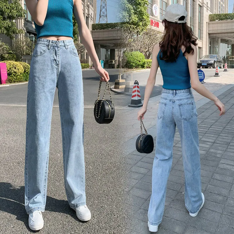 Summer Popular Inspired Slim Look High Waist Denim Pants Women Loose All-Matching Straight Leg Flattering Wide Leg Floor Length Pants