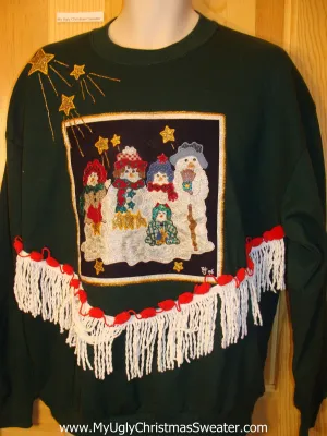 Tacky Cheap Christmas Sweatshirt Snowmen Stars and Fringe