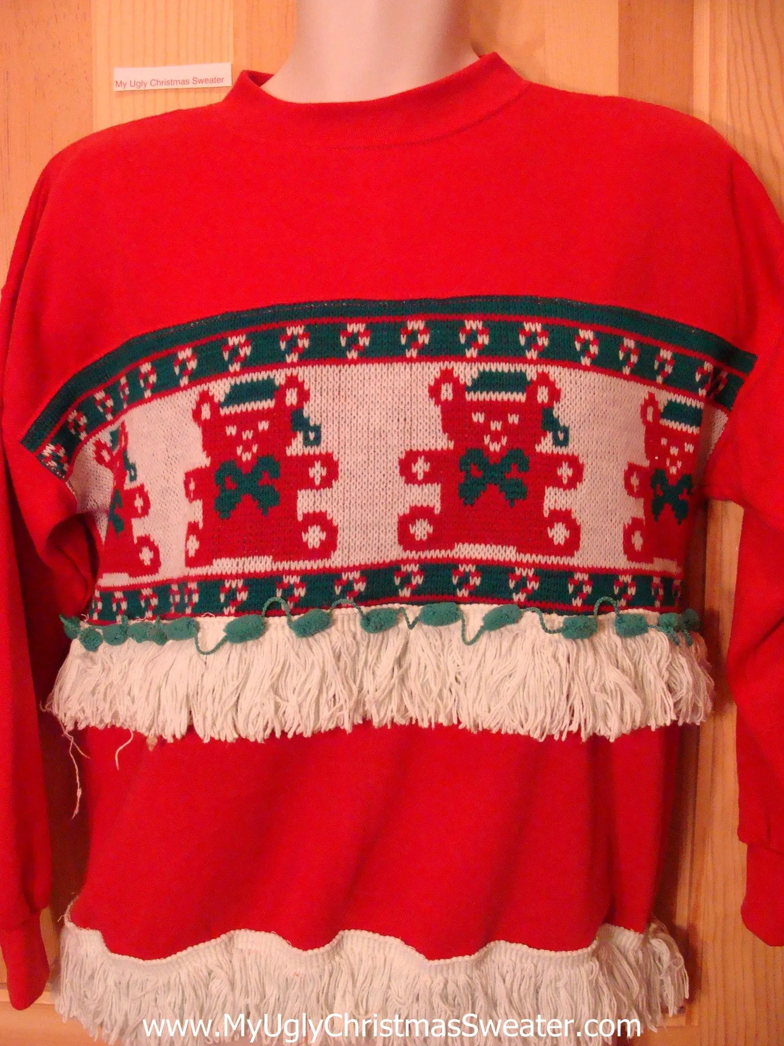Tacky Christmas Sweatshirt Teddy Bears and Fringe