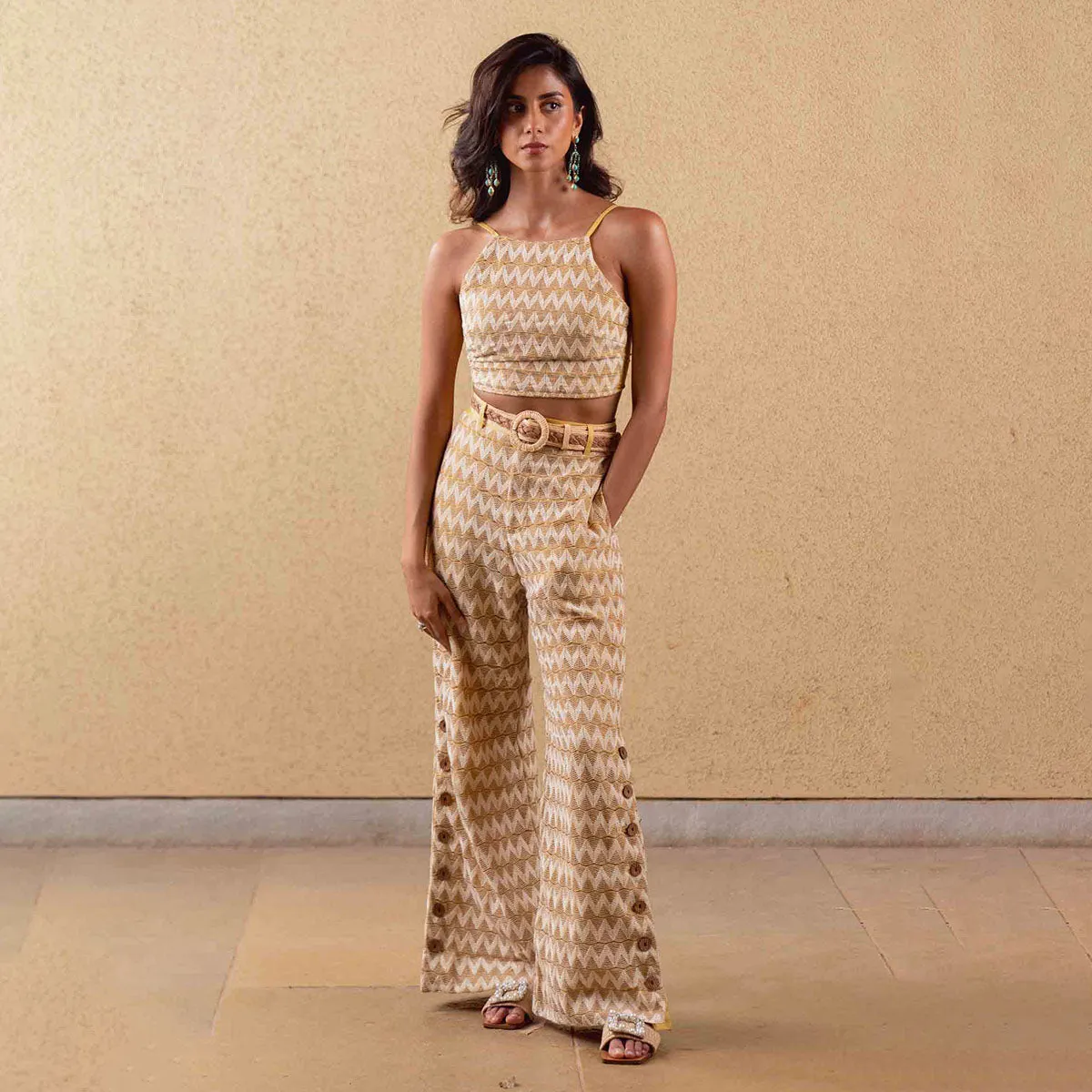 Tencel Printed Pant For Women | High Waist | Mustard