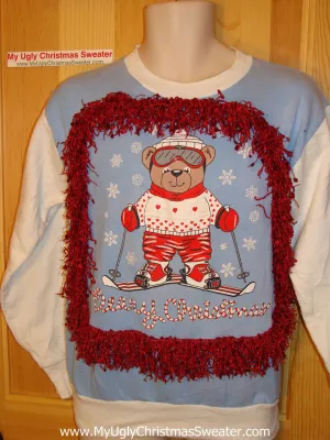 Ugly Christmas Tacky Sweatshirt Skiing Bear with Fringe (q8)