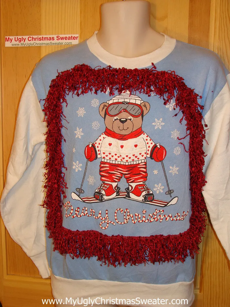 Ugly Christmas Tacky Sweatshirt Skiing Bear with Fringe (q8)