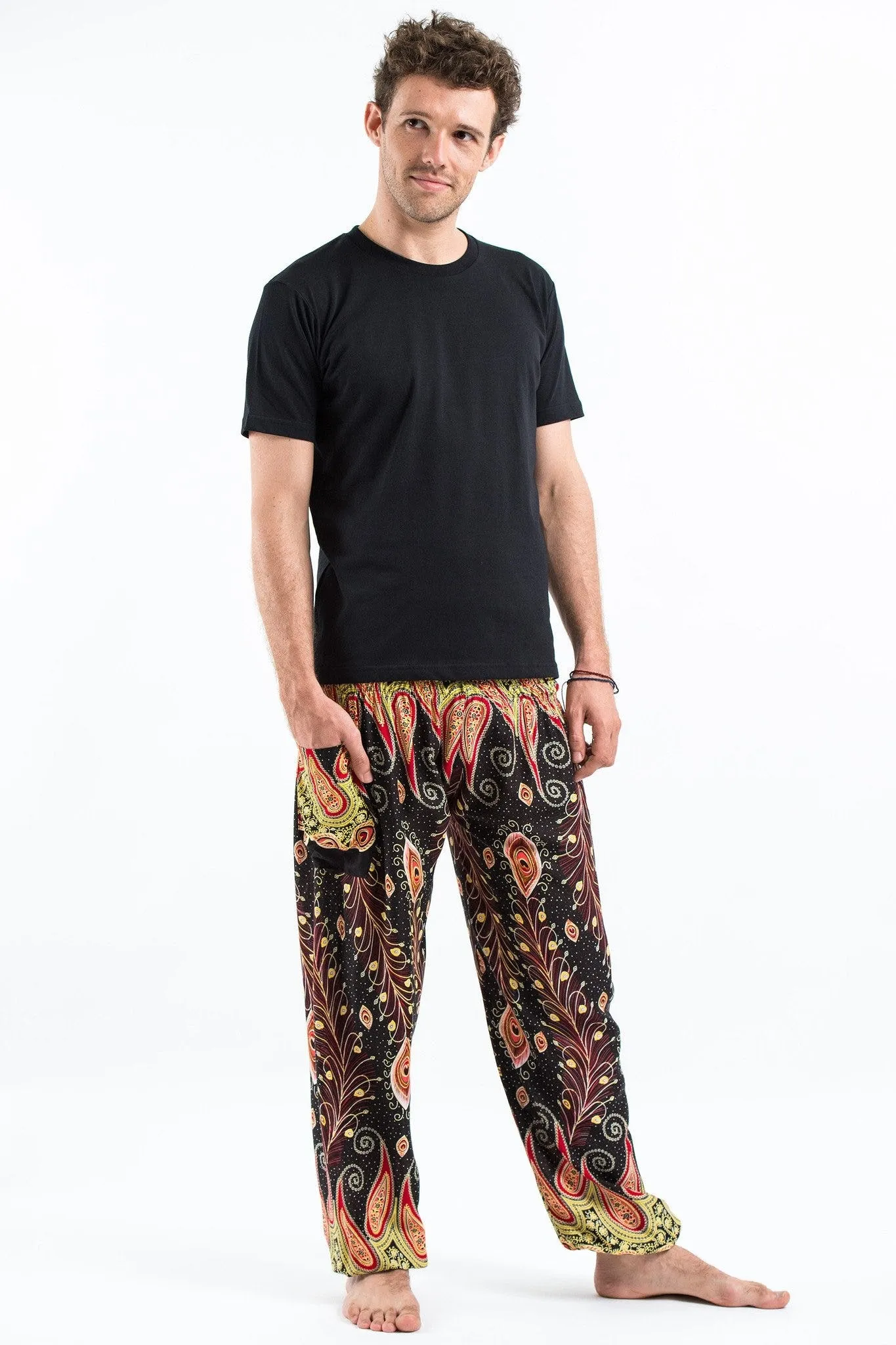 Unisex Peacock Paisley Harem Pants in Black