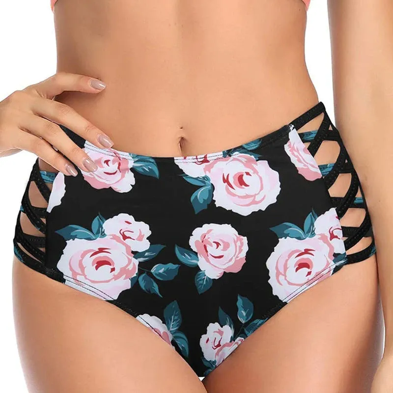 Upopby Sexy Print Hollow High Waist Bikini Bottom