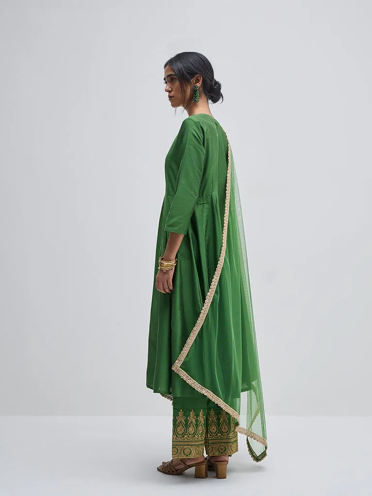 Vark Green Solid A-Line Kurta, Pants and Dupatta Set