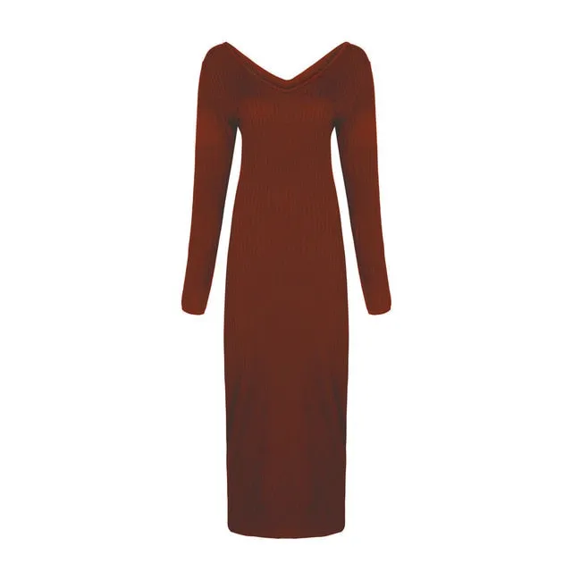 VenusFox  Knitted Long Sleeve V Neck Bodycon Maxi Dress
