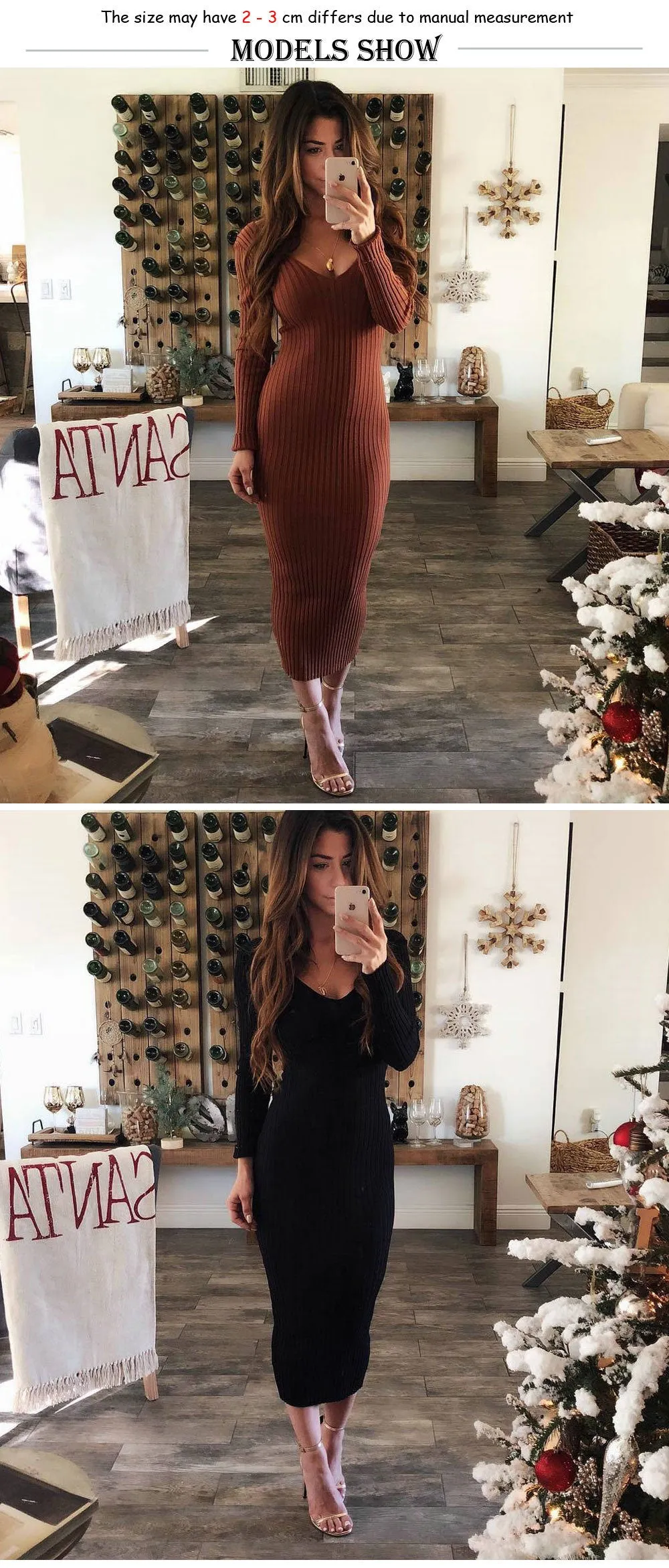 VenusFox  Knitted Long Sleeve V Neck Bodycon Maxi Dress