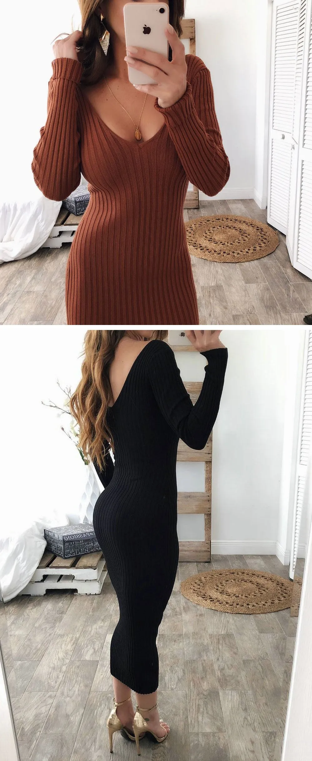 VenusFox  Knitted Long Sleeve V Neck Bodycon Maxi Dress