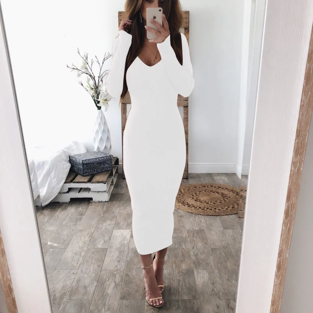 VenusFox  Knitted Long Sleeve V Neck Bodycon Maxi Dress